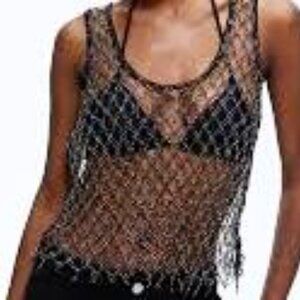 Vintage 90s Mesh Beaded Cropped Tank Top Black, Size M